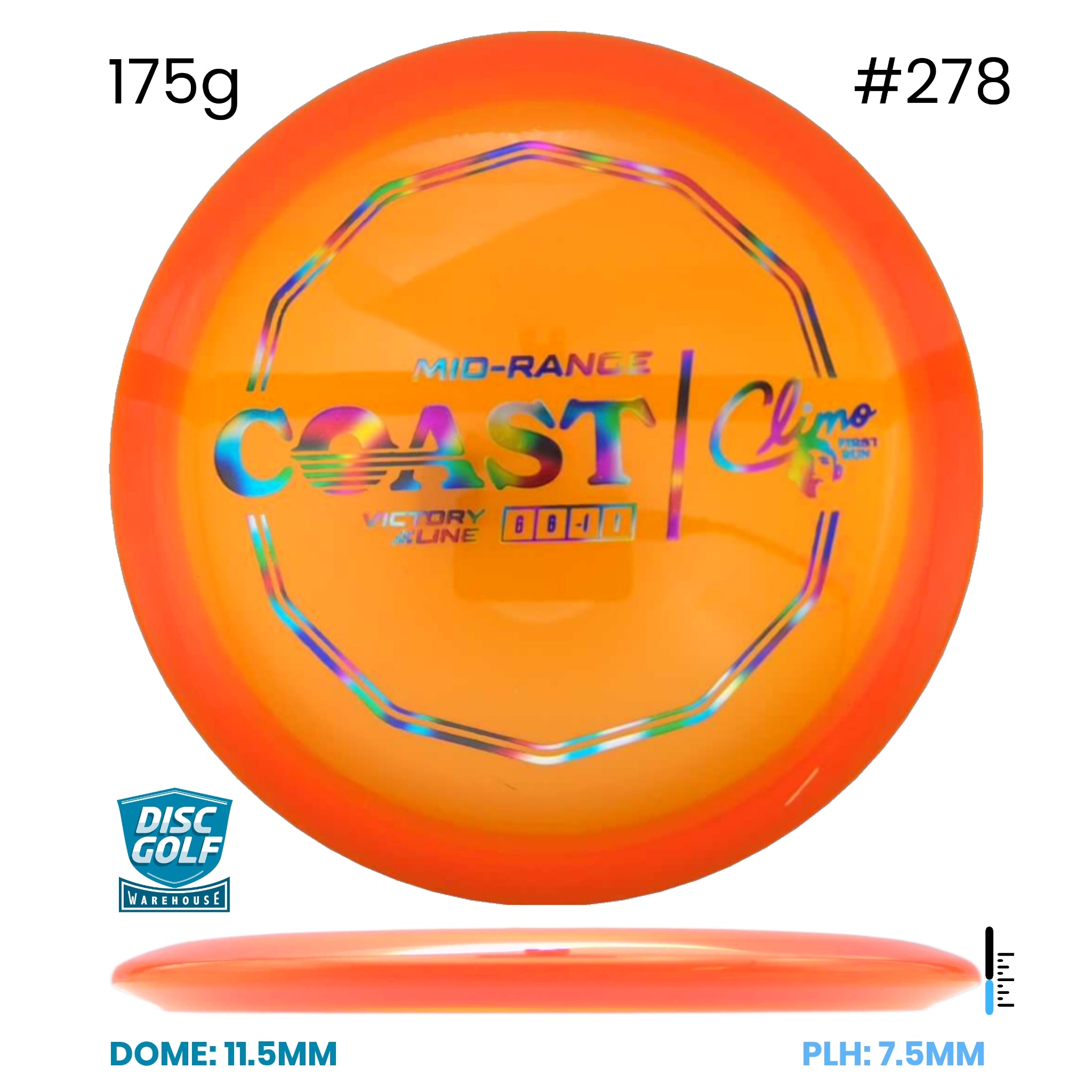 Disc Golf Warehouse Climo Discs Coast - Victory Line Plastic - First Run Orange/Rainbow Holo 175g