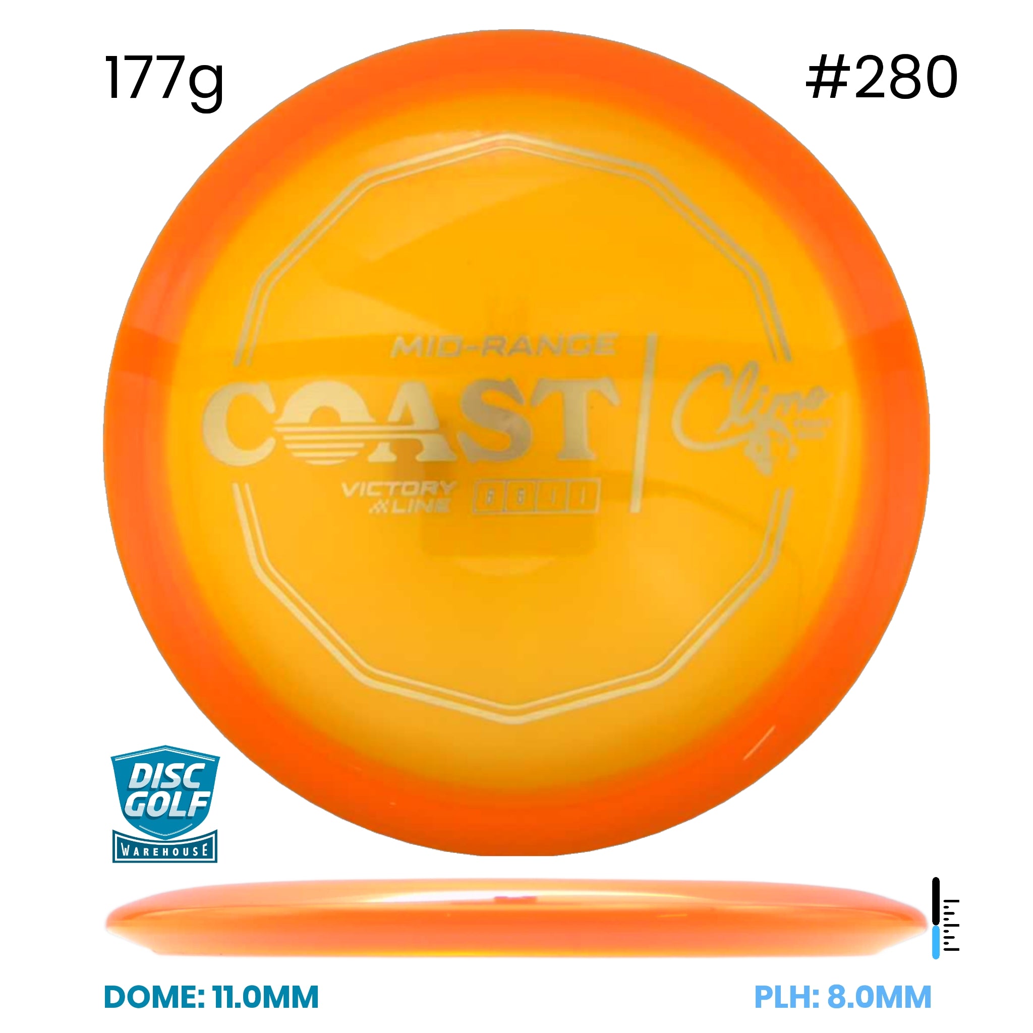 Disc Golf Warehouse Climo Discs Coast - Victory Line Plastic - First Run Orange/Silver 177g