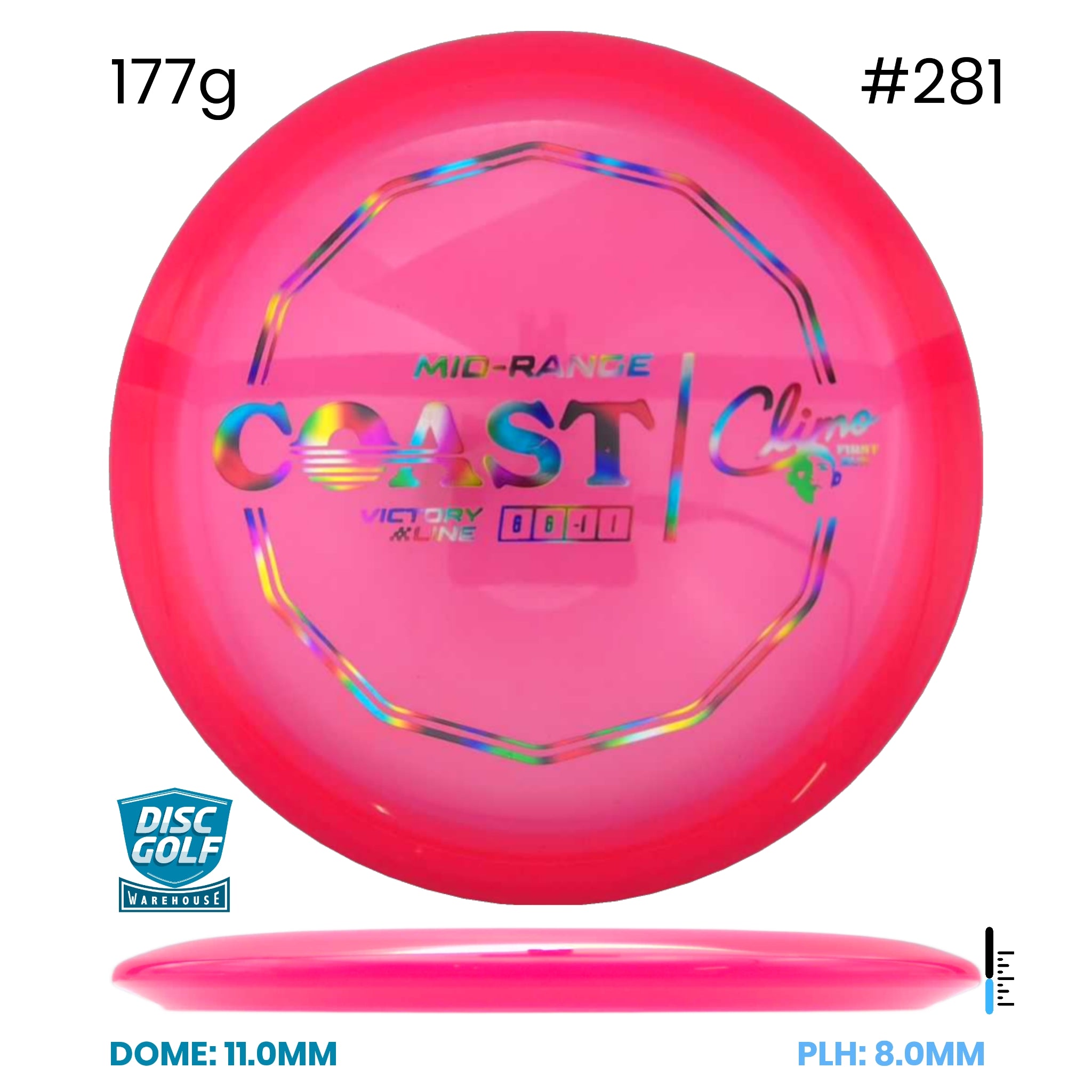 Disc Golf Warehouse Climo Discs Coast - Victory Line Plastic - First Run Pink/Rainbow Holo 177g