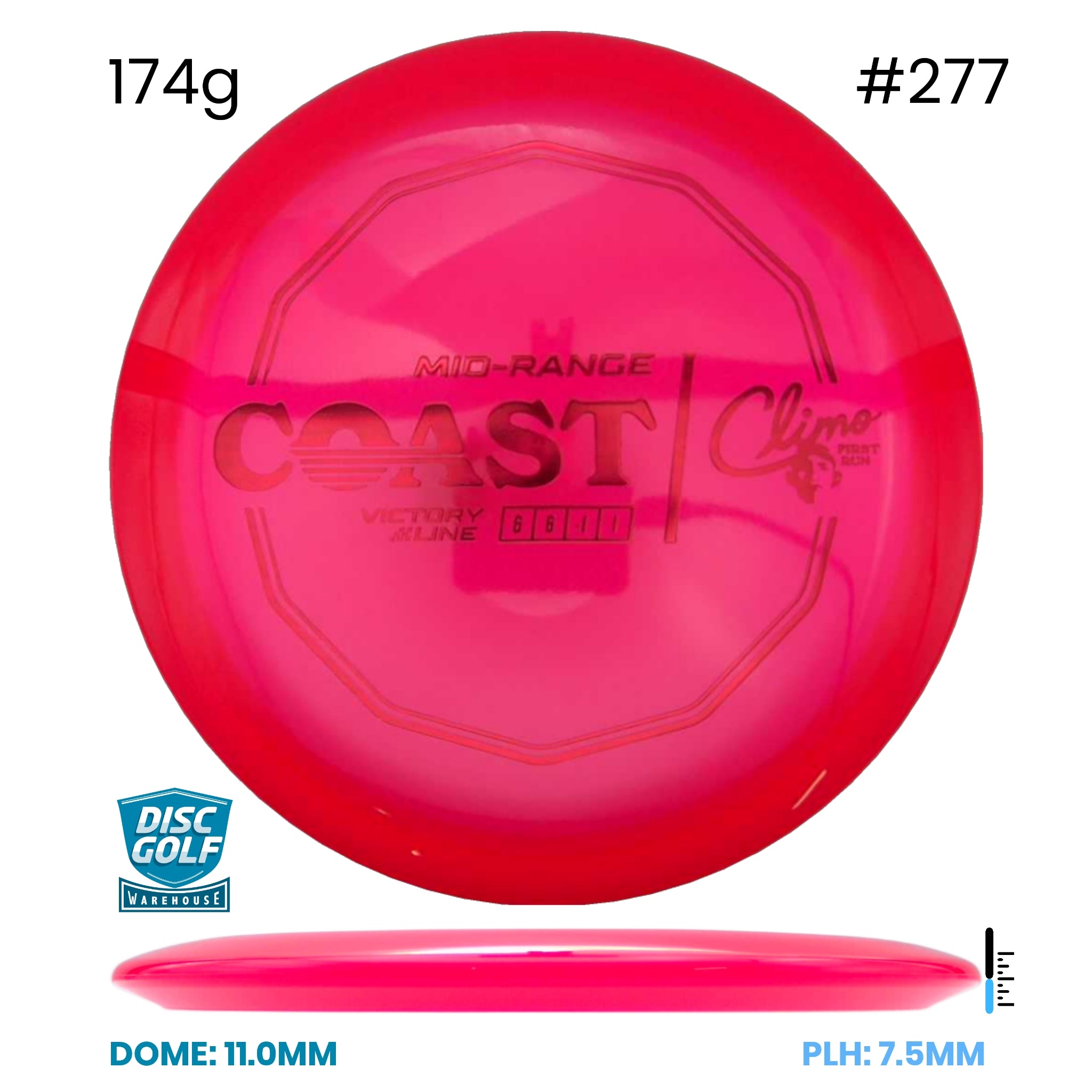 Disc Golf Warehouse Climo Discs Coast - Victory Line Plastic - First Run Pink/Red Metallic 174g