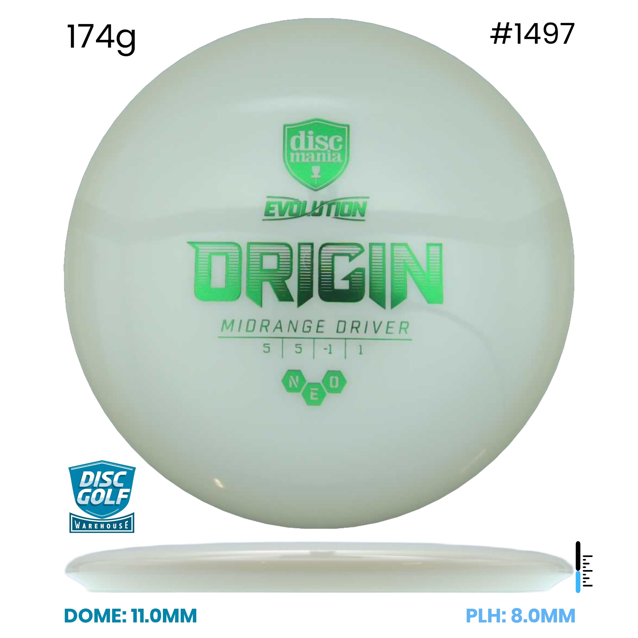 Disc Golf Warehouse Discmania Evolution Origin - Neo Plastic White/Green Metallic 174g