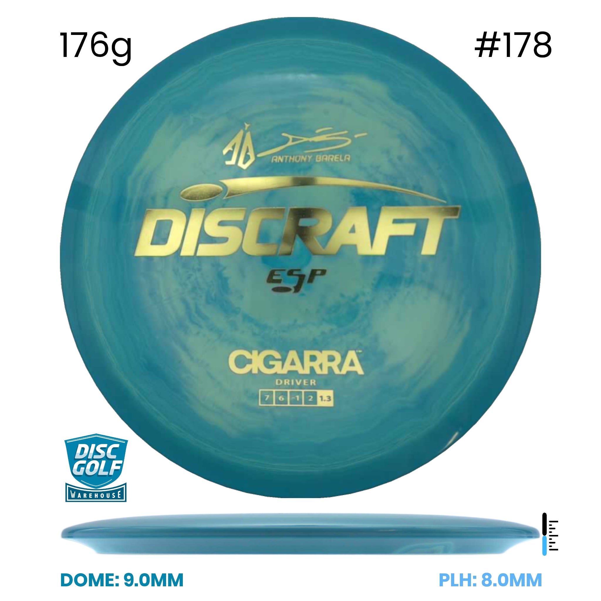 Disc Golf Warehouse Discraft Cigarra - ESP Plastic - Anthony Barela Signature Turquoise/Gold 176g