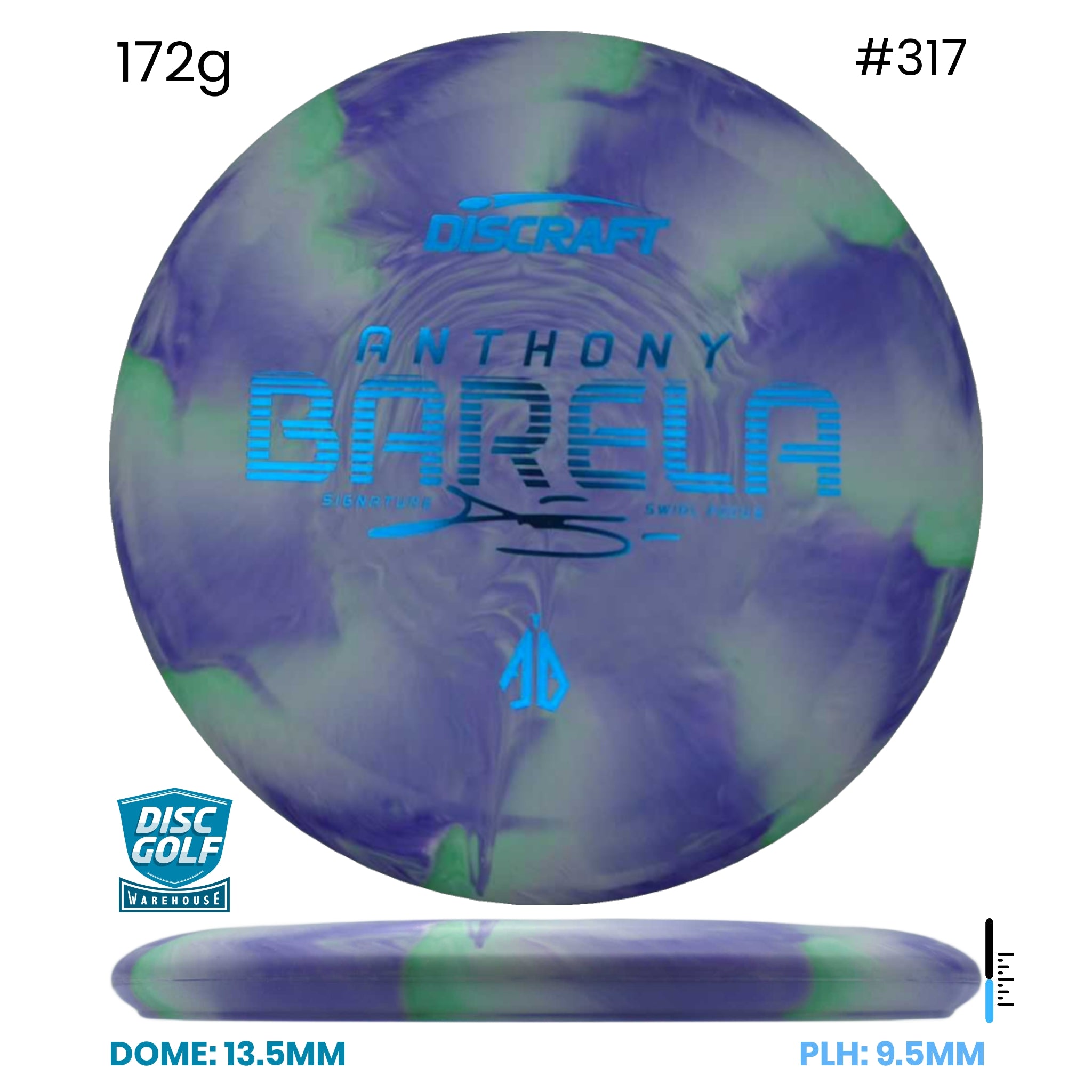 Disc Golf Warehouse Discraft Focus - CT Swirl Plastic - Anthony Barela Signature Purple/#317/Blue Metallic 172g