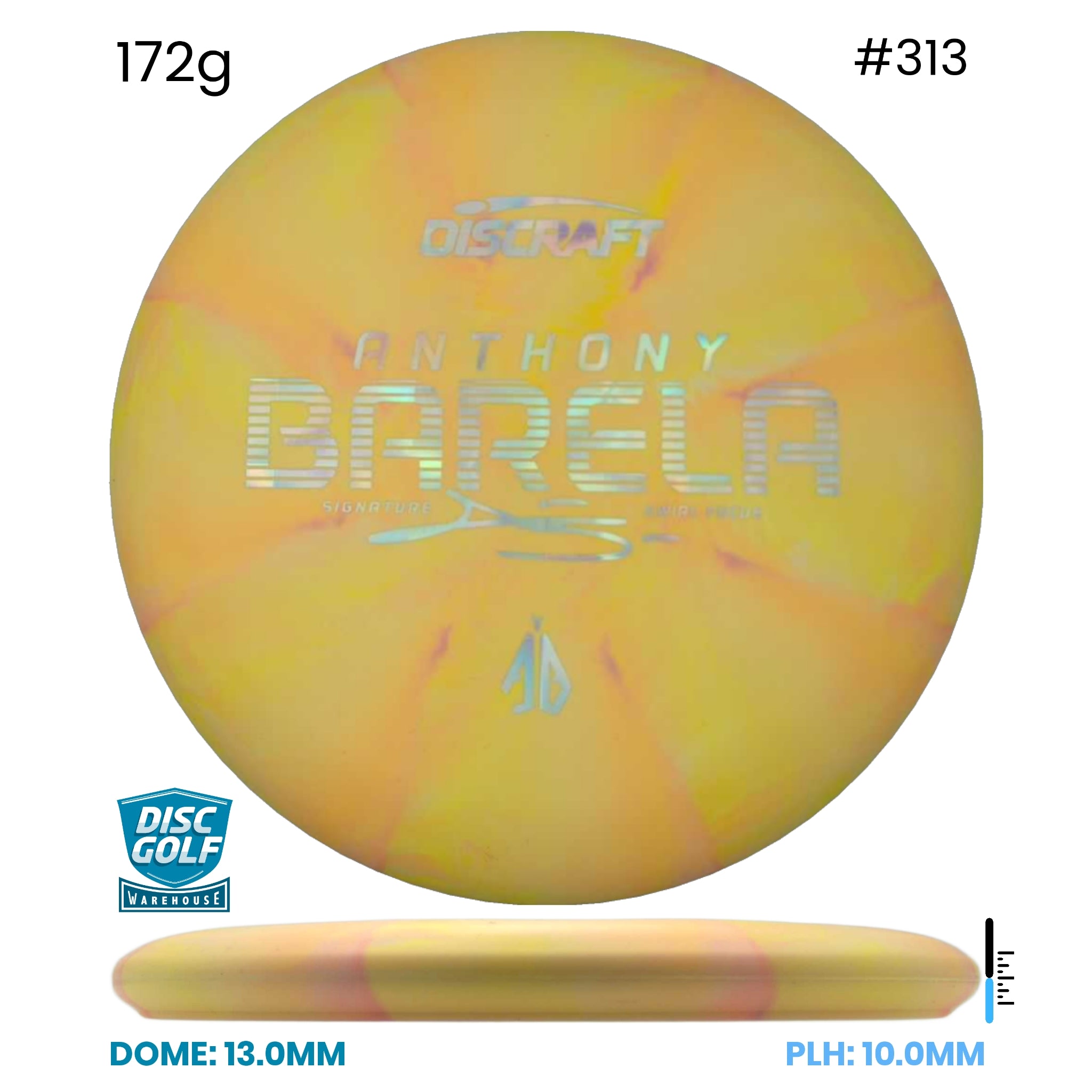 Disc Golf Warehouse Discraft Focus - CT Swirl Plastic - Anthony Barela Signature Yellow/#313/Silver 172g