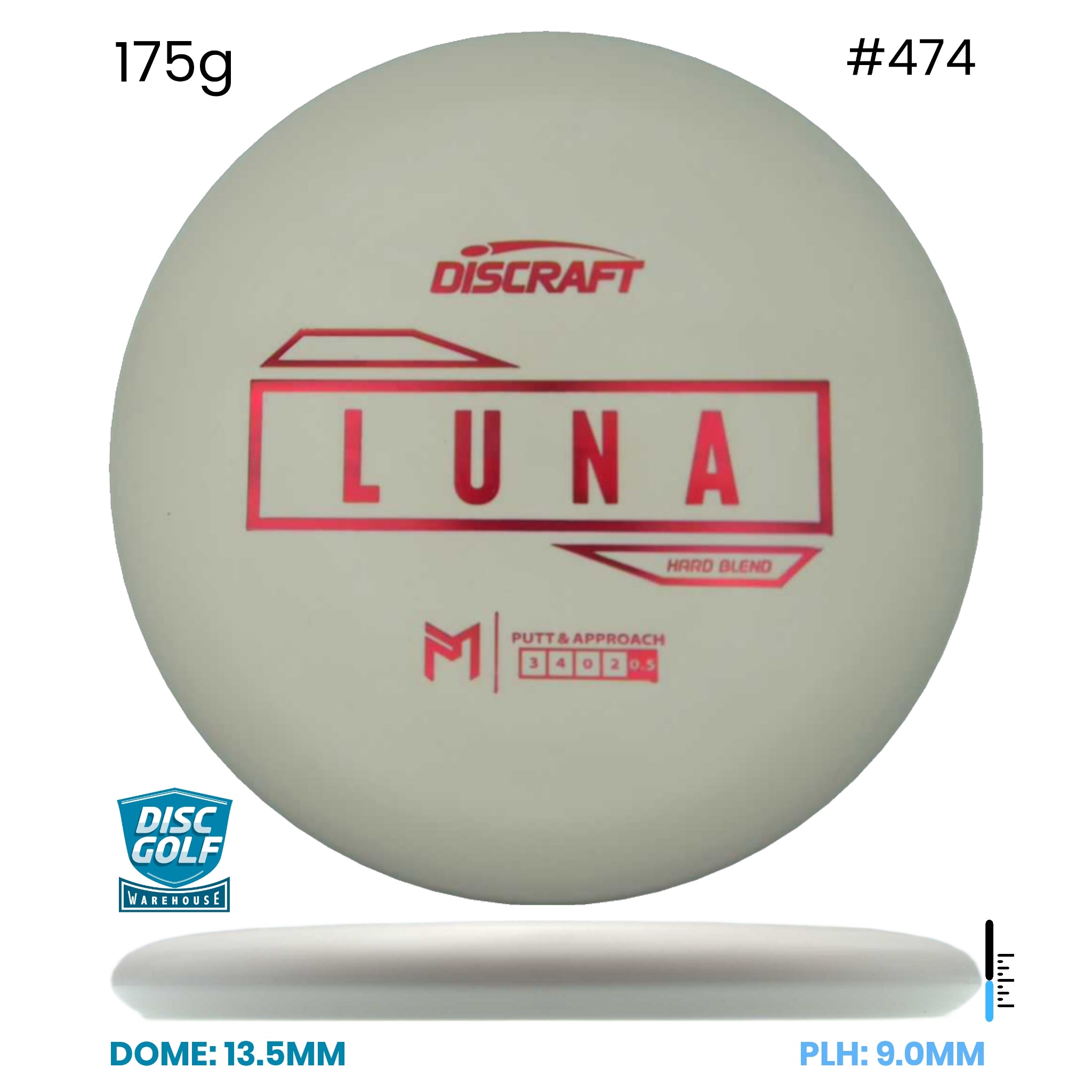 Disc Golf Warehouse Discraft Luna - Putter Line Hard White/Red Metallic 175g