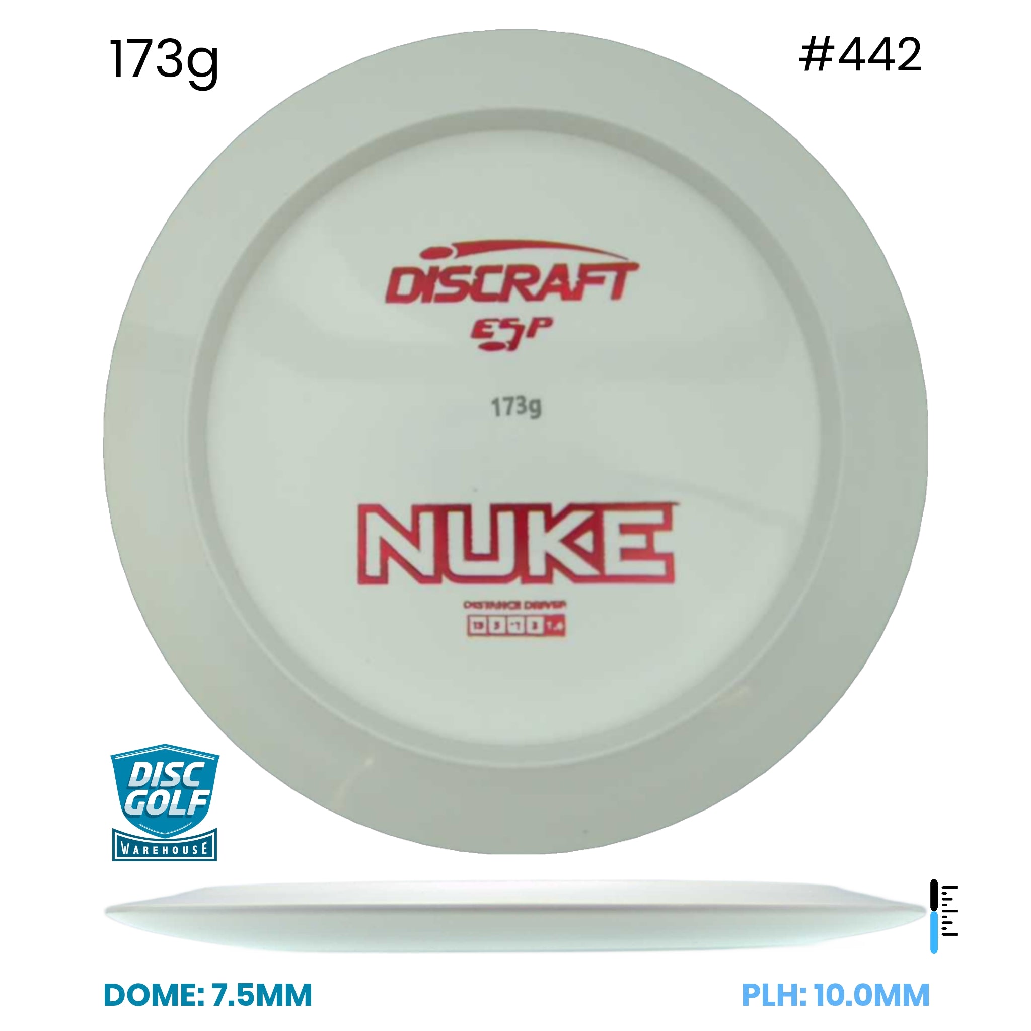 Disc Golf Warehouse Discraft Nuke - ESP Solid White Bottom Stamp White/Red Metallic 173g
