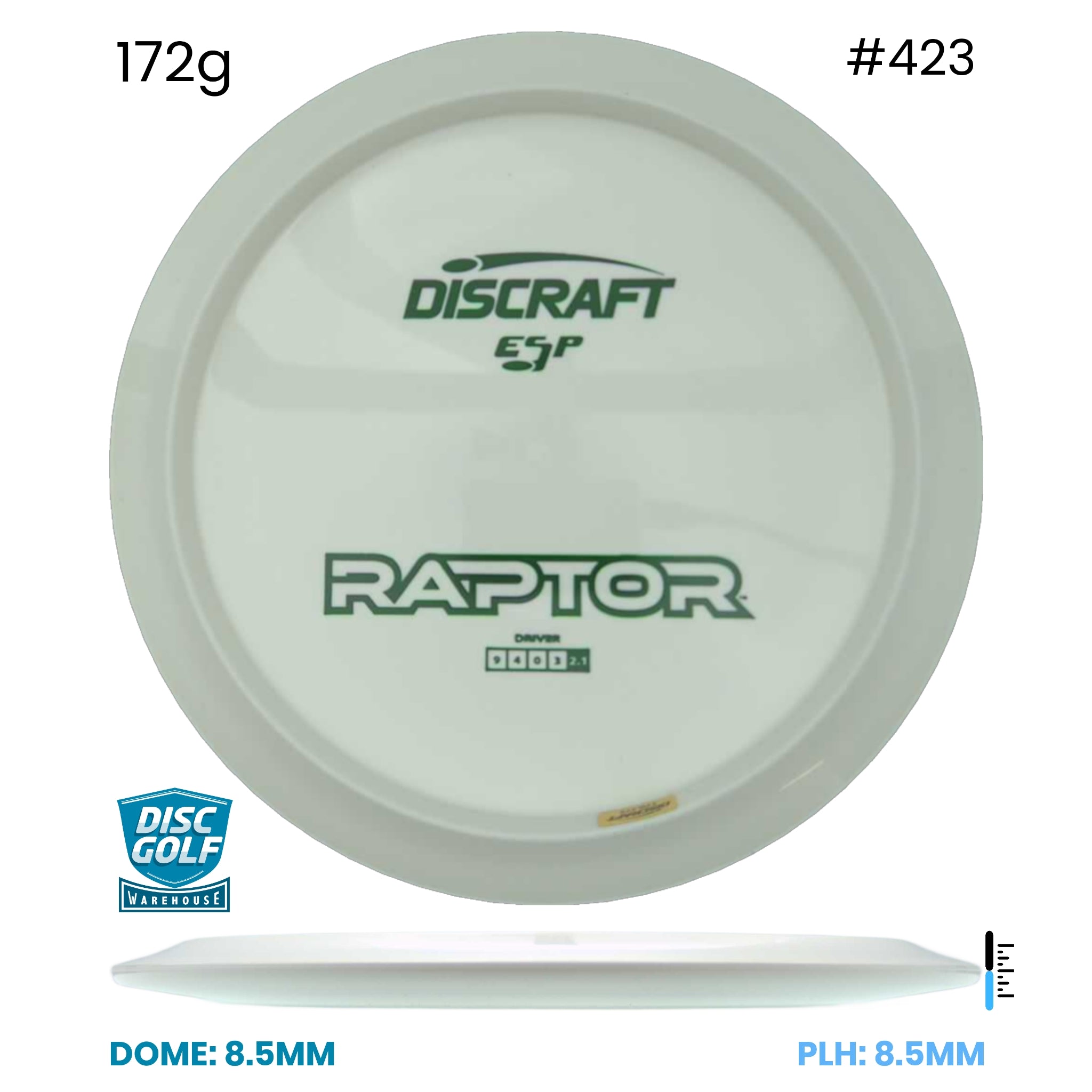 Disc Golf Warehouse Discraft Raptor - ESP Blank White Bottom Stamp White/Green 172g