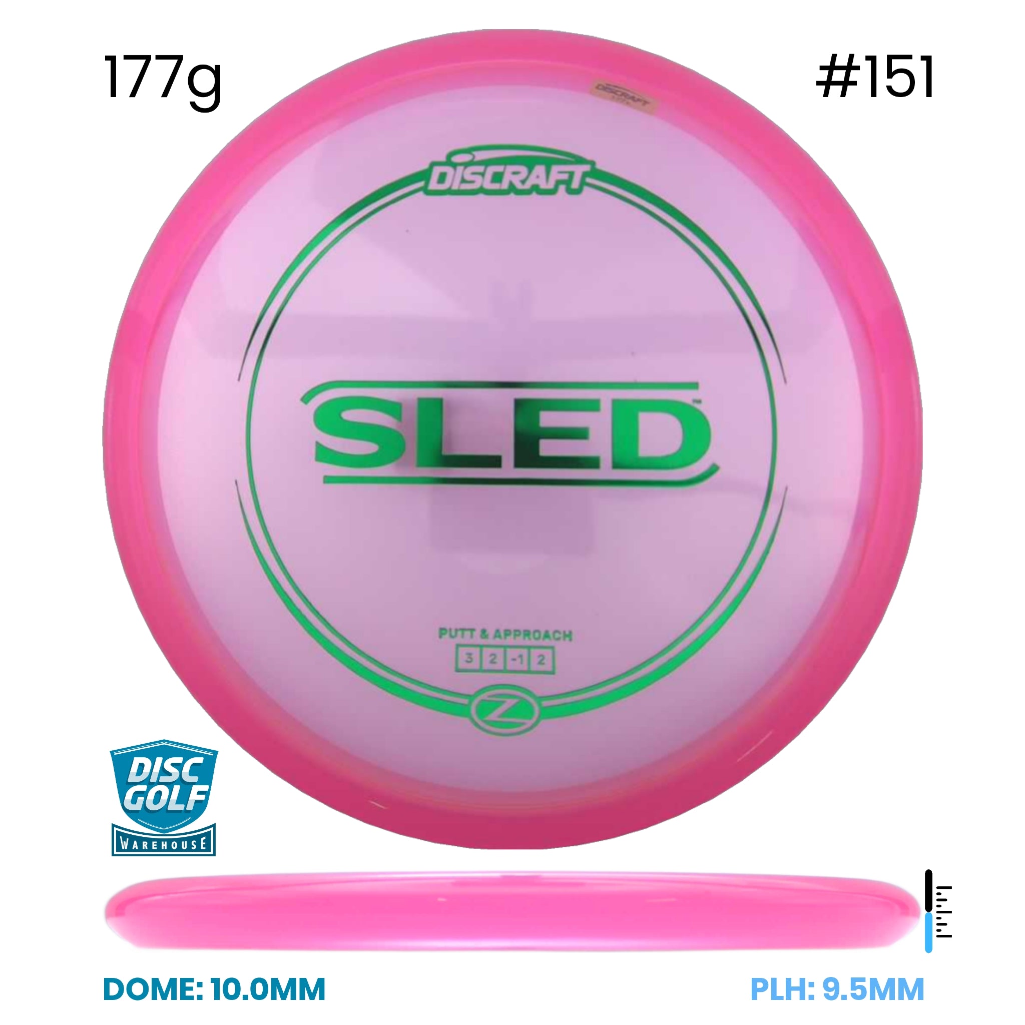 Disc Golf Warehouse Discraft Sled - Z Plastic Pink/#151/Green Metallic 177g