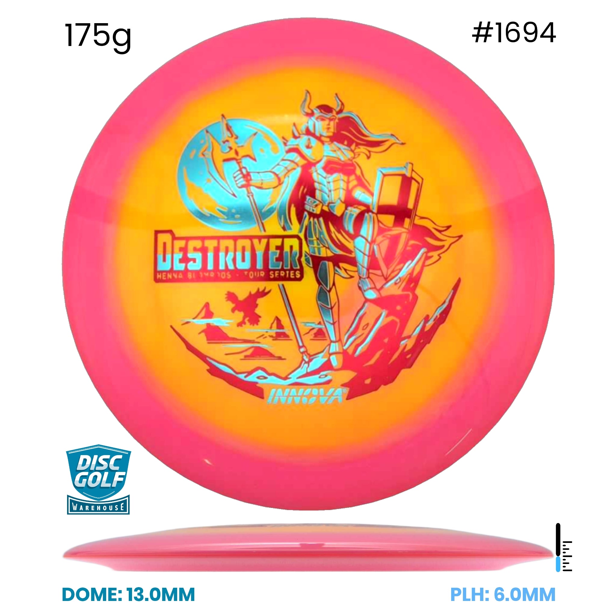 Disc Golf Warehouse Innova Destroyer - Halo Champion Plastic - Henna Blomroos 2026 Tour Series Pink/Gold, Red Metallic 175g
