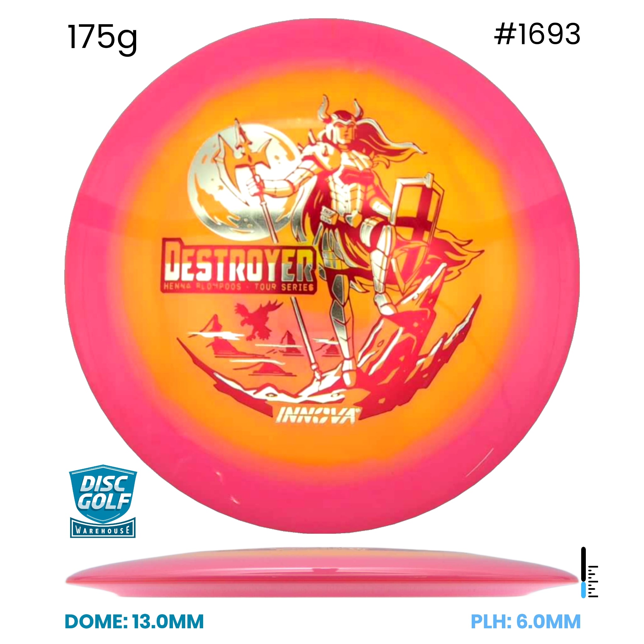 Disc Golf Warehouse Innova Destroyer - Halo Champion Plastic - Henna Blomroos 2026 Tour Series Pink/Gold, Red Metallic 175g