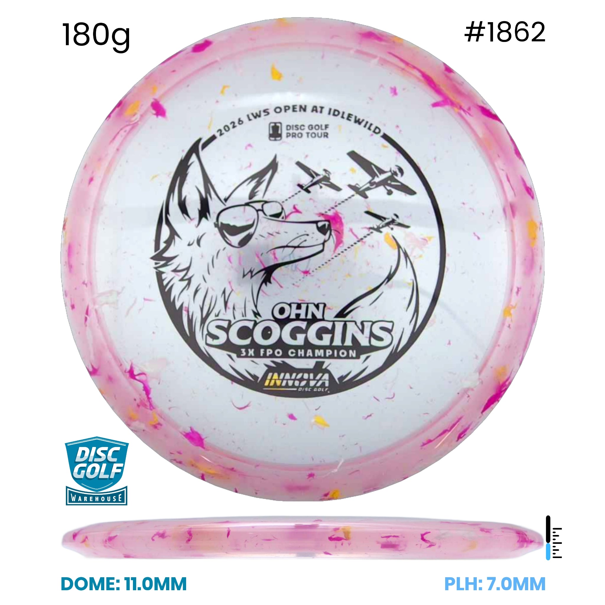 Disc Golf Warehouse Innova Fox - Party Time Plastic - Ohn Scoggins Commemorative Edition Pink/Silver 180g