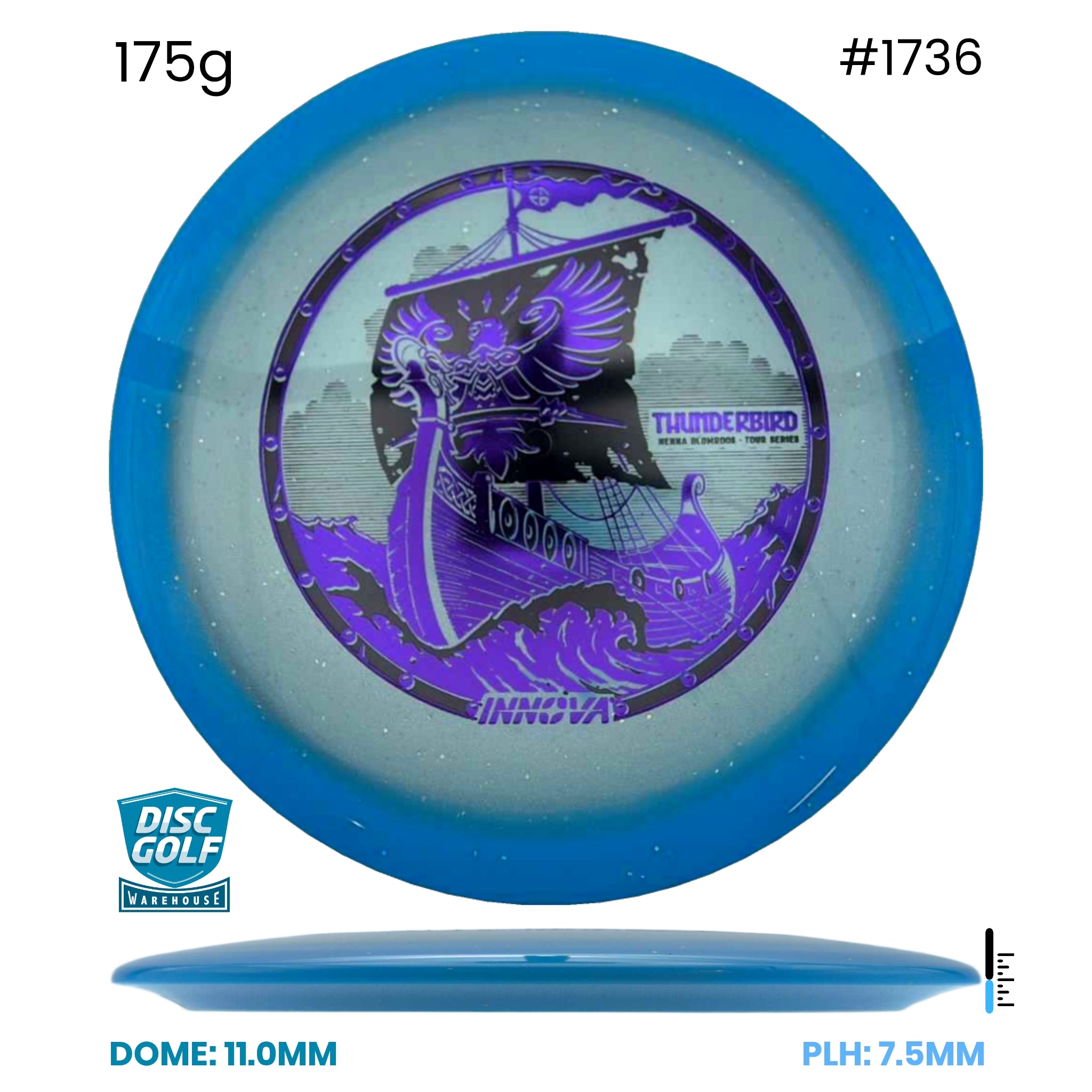Disc Golf Warehouse Innova Thunderbird - Halo Champion Moondust Plastic - Henna Blomroos 2026 Tour Series Blue/Red Metallic, Silver 175g