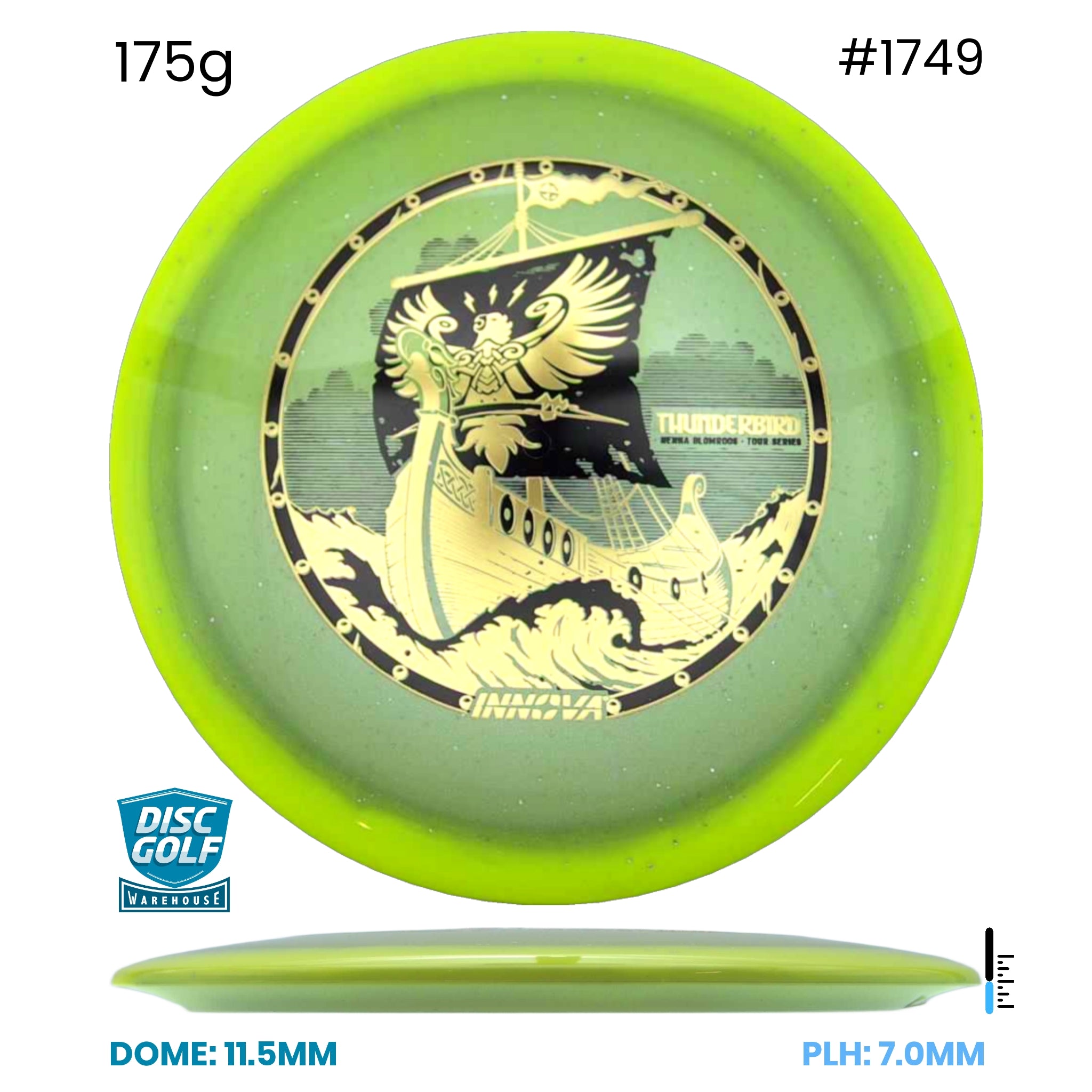 Disc Golf Warehouse Innova Thunderbird - Halo Champion Moondust Plastic - Henna Blomroos 2026 Tour Series Green/Gold, Black 175g