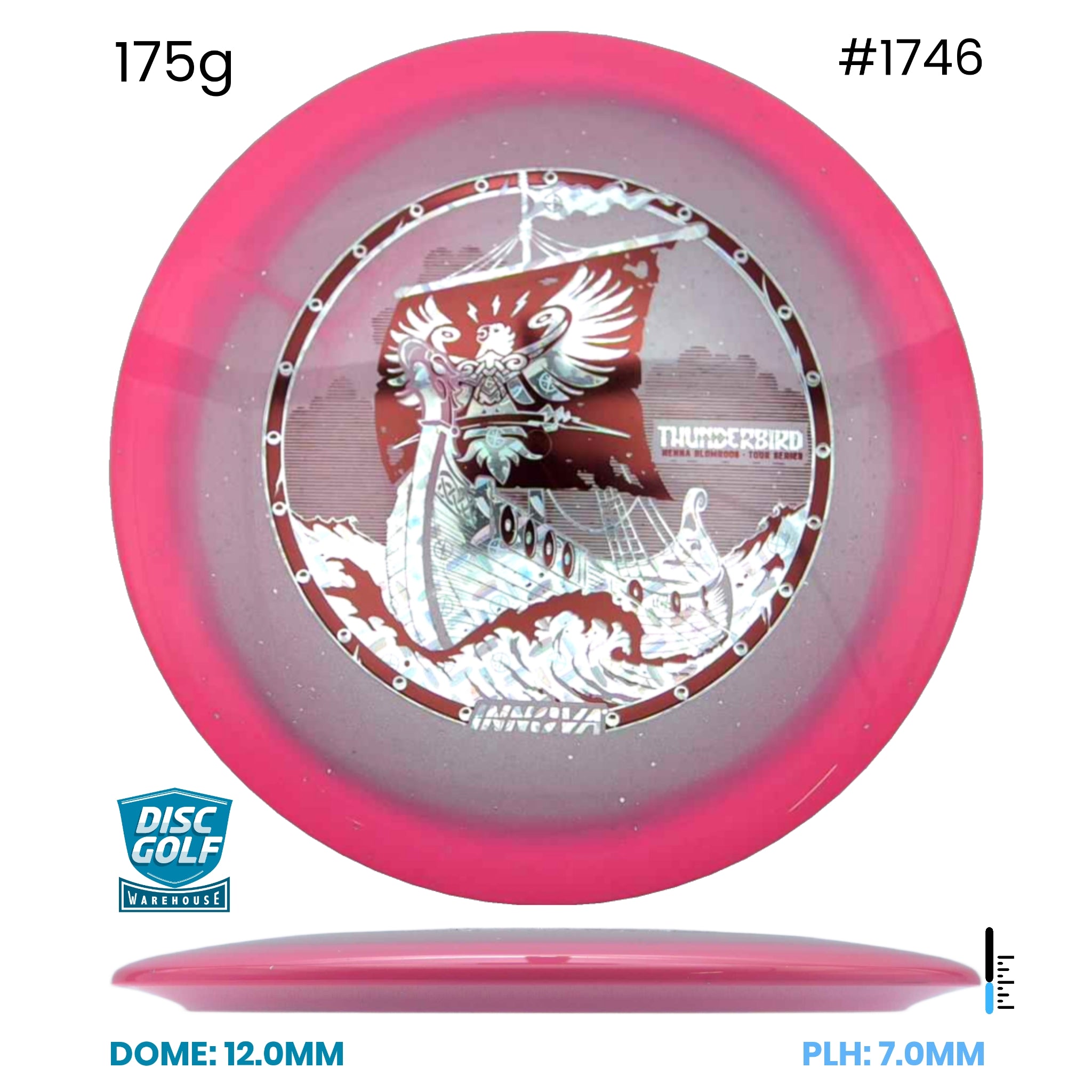 Disc Golf Warehouse Innova Thunderbird - Halo Champion Moondust Plastic - Henna Blomroos 2026 Tour Series Pink/White, Red Metallic 175g