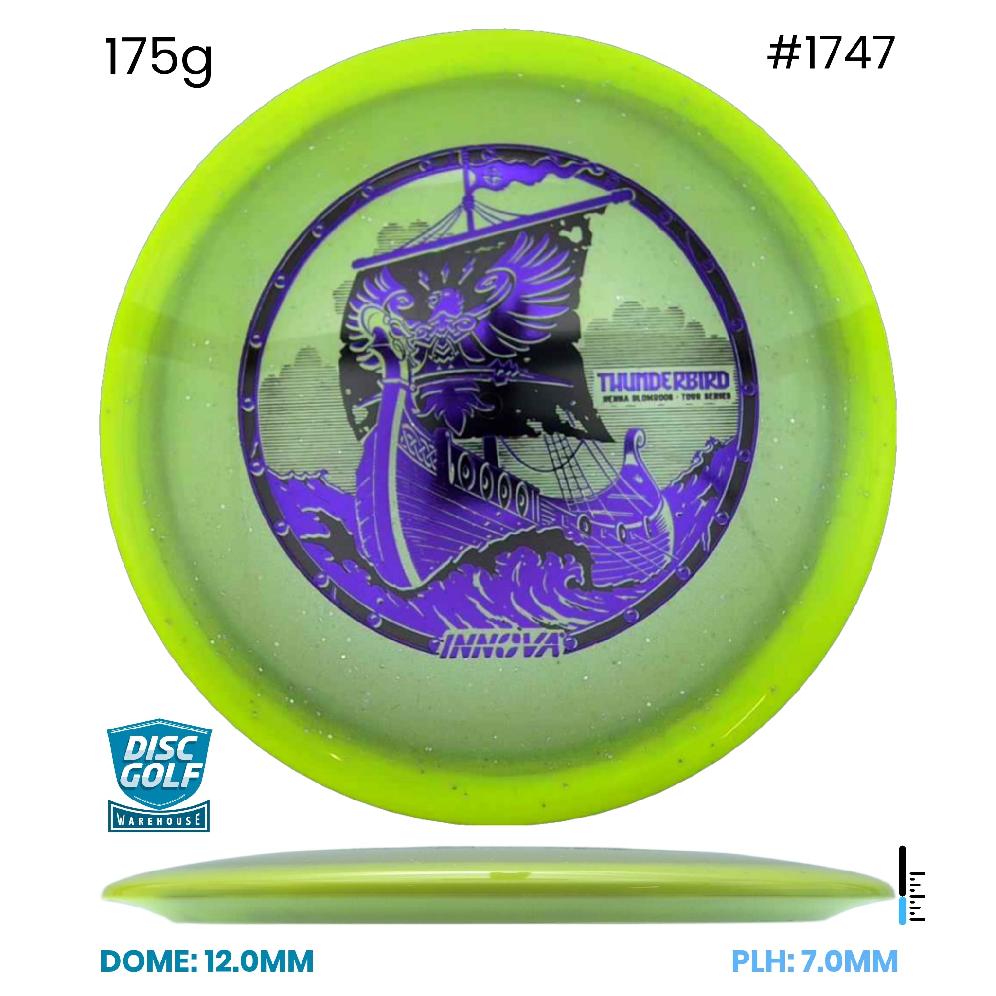 Disc Golf Warehouse Innova Thunderbird - Halo Champion Moondust Plastic - Henna Blomroos 2026 Tour Series Yellow/Purple Metallic 175g