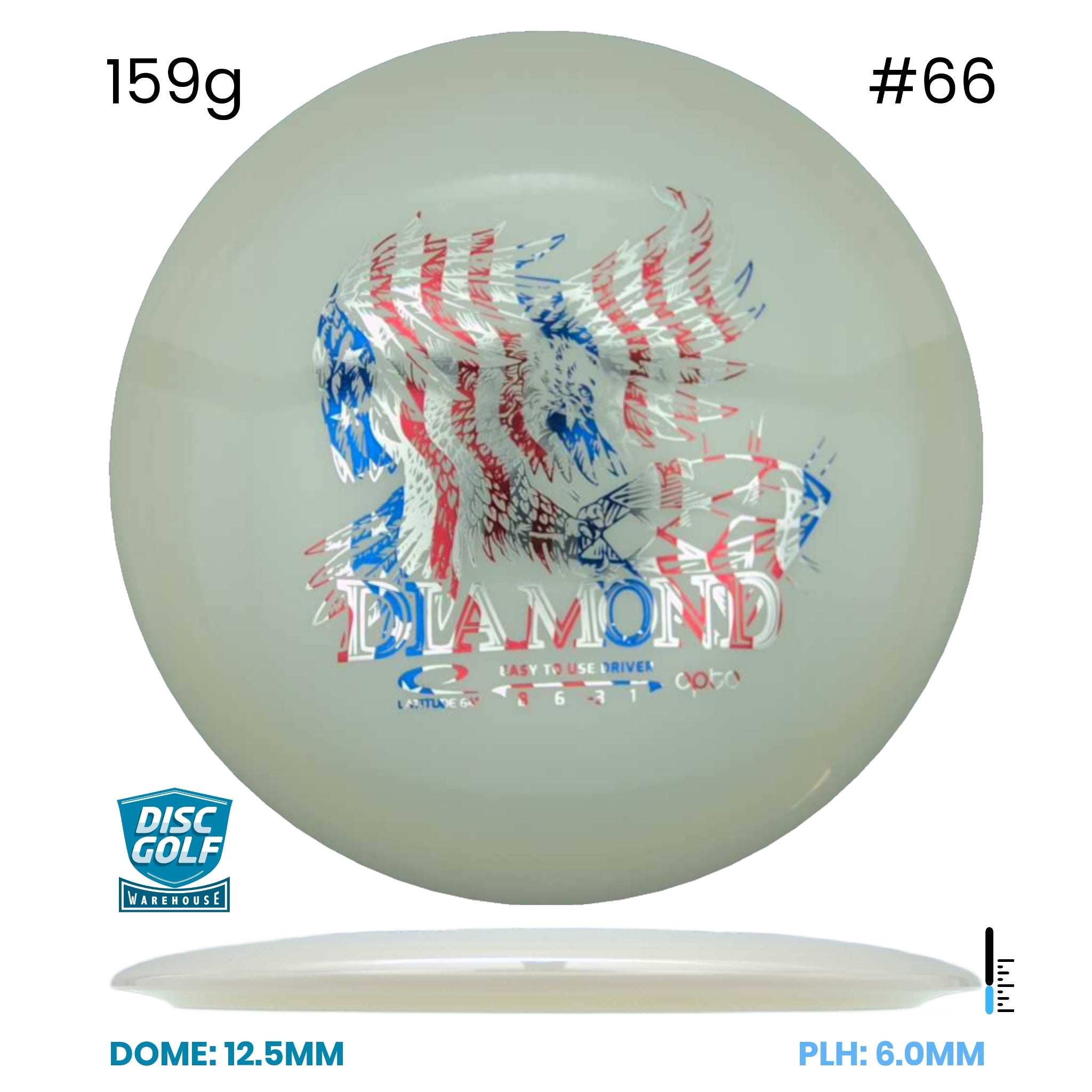 Disc Golf Warehouse Latitude 64 Diamond - Opto Plastic White/Silver, Red Metallic, Blue Metallic 159g