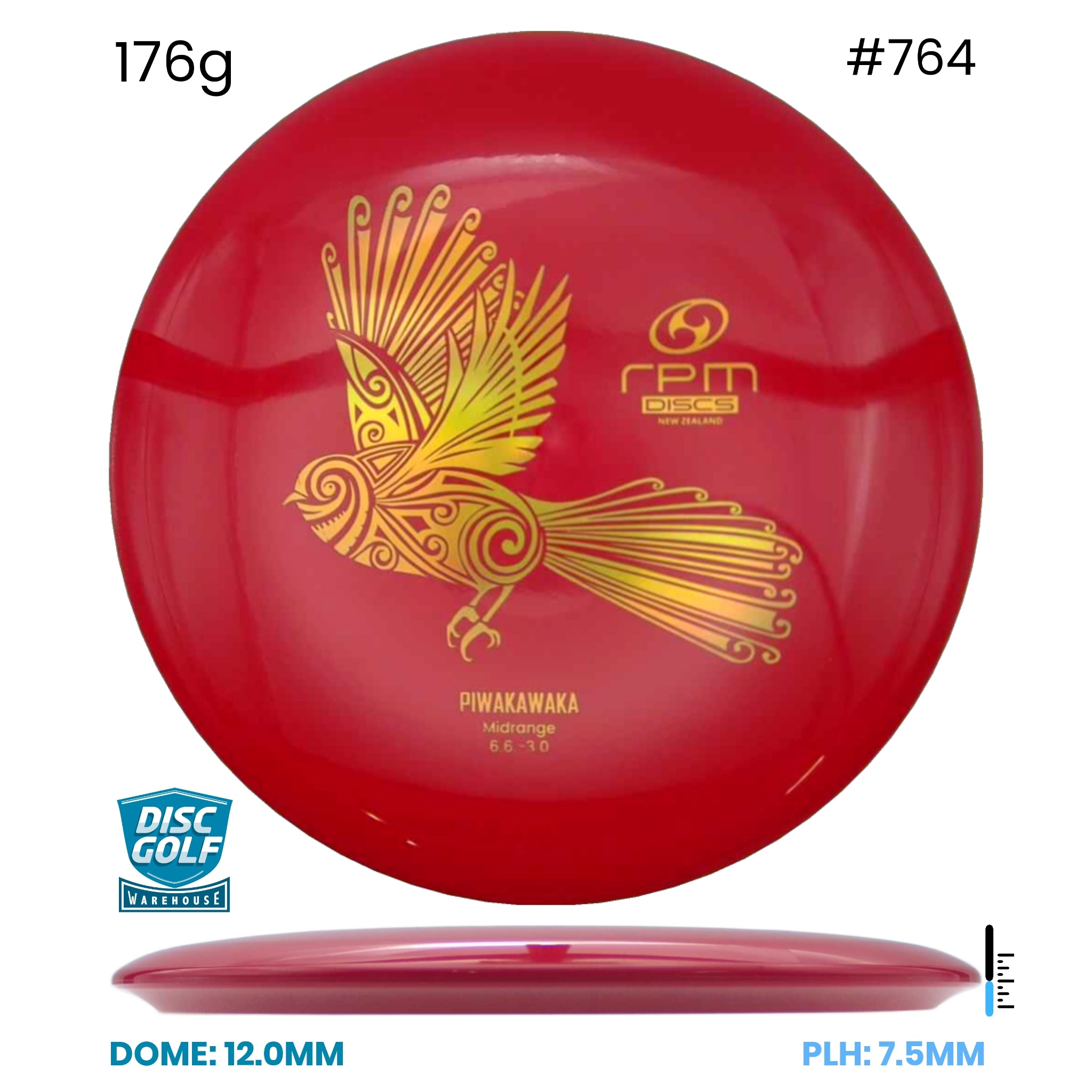 Disc Golf Warehouse RPM Piwakawaka - Atomic Plastic Red/Gold 176g