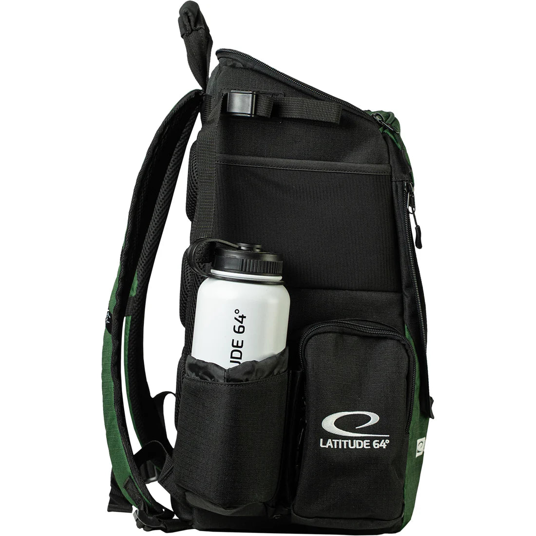 Latitude 64 Core Pro E3 Isaac Robinson signature backpack, back detail with water bottle holder