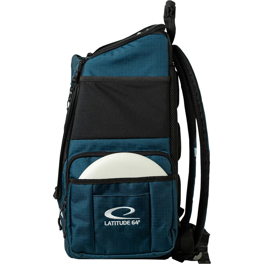 Latitude 64 Core Pro E3 Kristin Lätt signature backpack, side view with disc in pocket