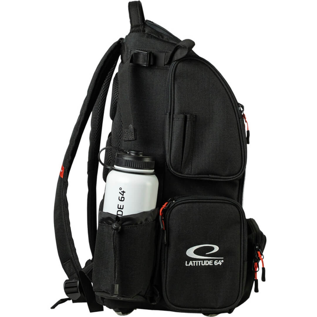 Latitude 64 DG Luxury E5 backpack in Black/Black, side view with water bottle and pen holder