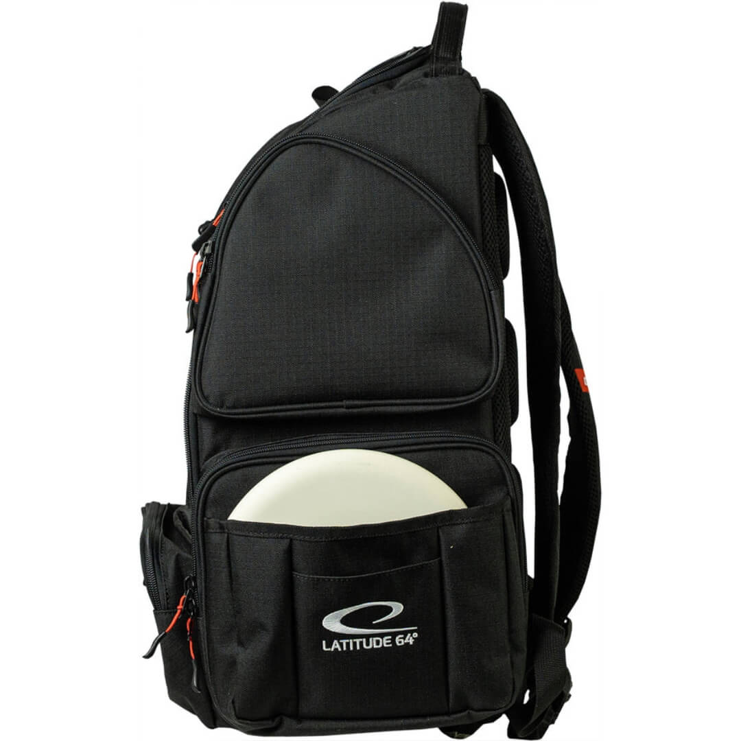 Latitude 64 DG Luxury E5 backpack in Black/Black, side view with disc in pocket