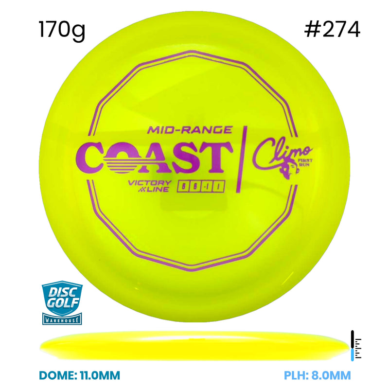 Disc Golf Warehouse Climo Discs Coast - Victory Line Plastic - First Run Yellow/Purple Metallic 170g