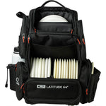 Latitude 64 DG Luxury E5 backpack in Black/Black, open and loaded with discs