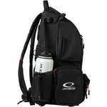 Latitude 64 DG Luxury E5 backpack in Black/Black, side view with water bottle and pen holder