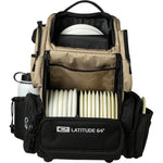Latitude 64 DG Luxury E5 backpack in Sand/Black outdoors, open and loaded with discs